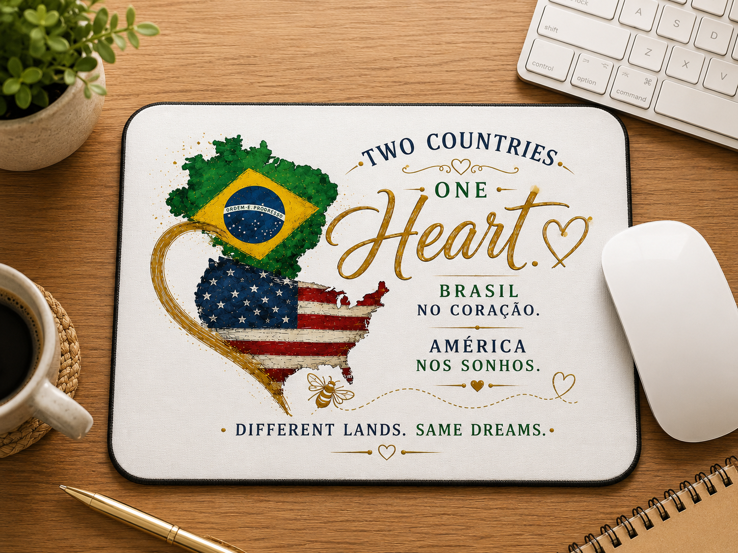 Two Countries One Heart Mouse Pad – Brazil & USA Design